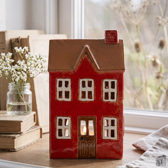 Teelichthaus Keramik Rot, 21,5 cm