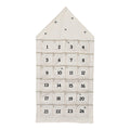 Cremefarbener Adventskalender in Hausform aus Textil mit 24 aufgenähten Taschen und schwarzen Zahlen