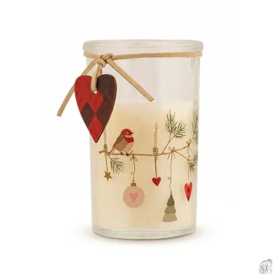 Kerze im Glas „Julefred“ mit roten Herzen