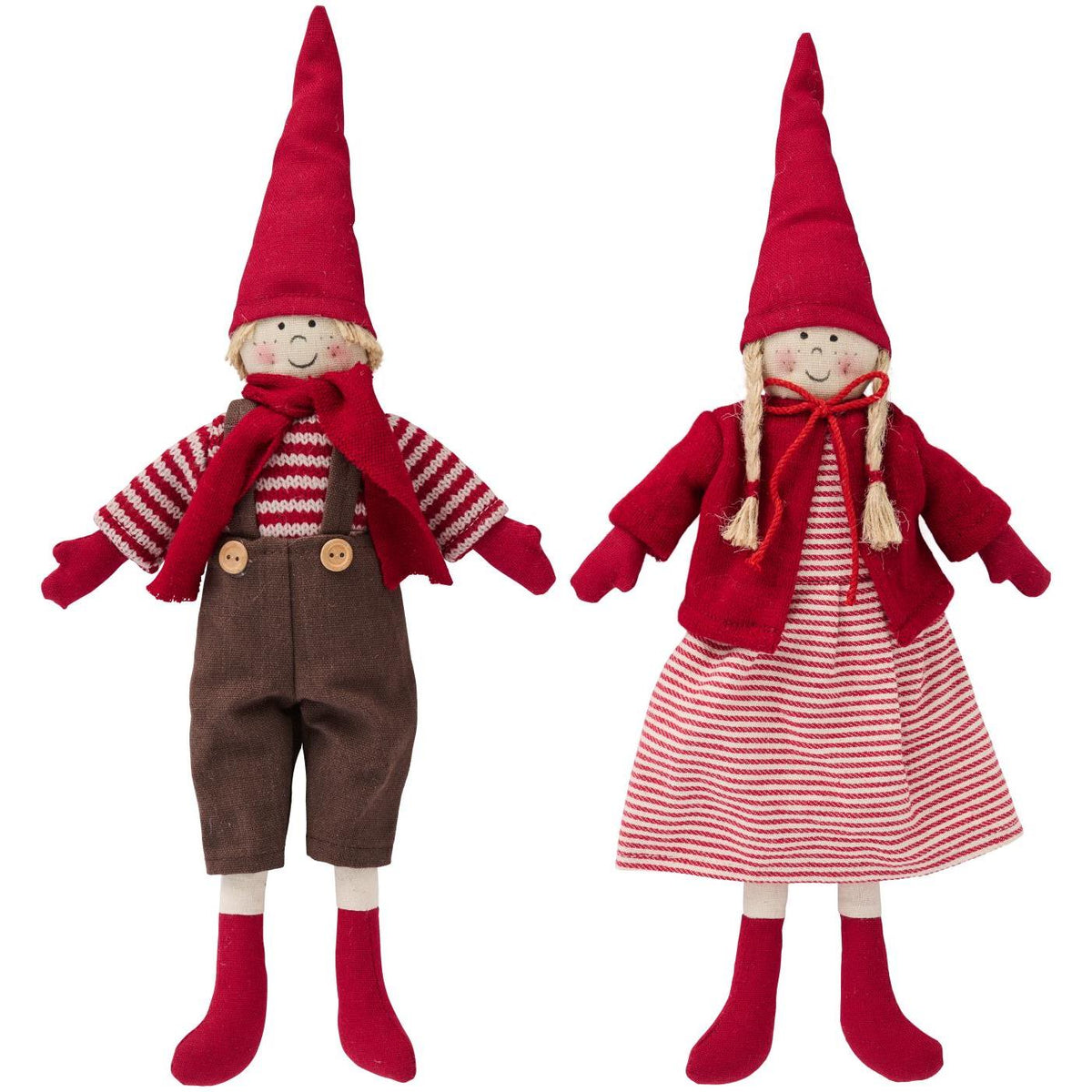 Wichtelpaar Lotte und Leo von Ib Laursen aus Stoff mit roten Zipfelmützen, Leo in Latzhose, Lotte im gestreiften Kleid
