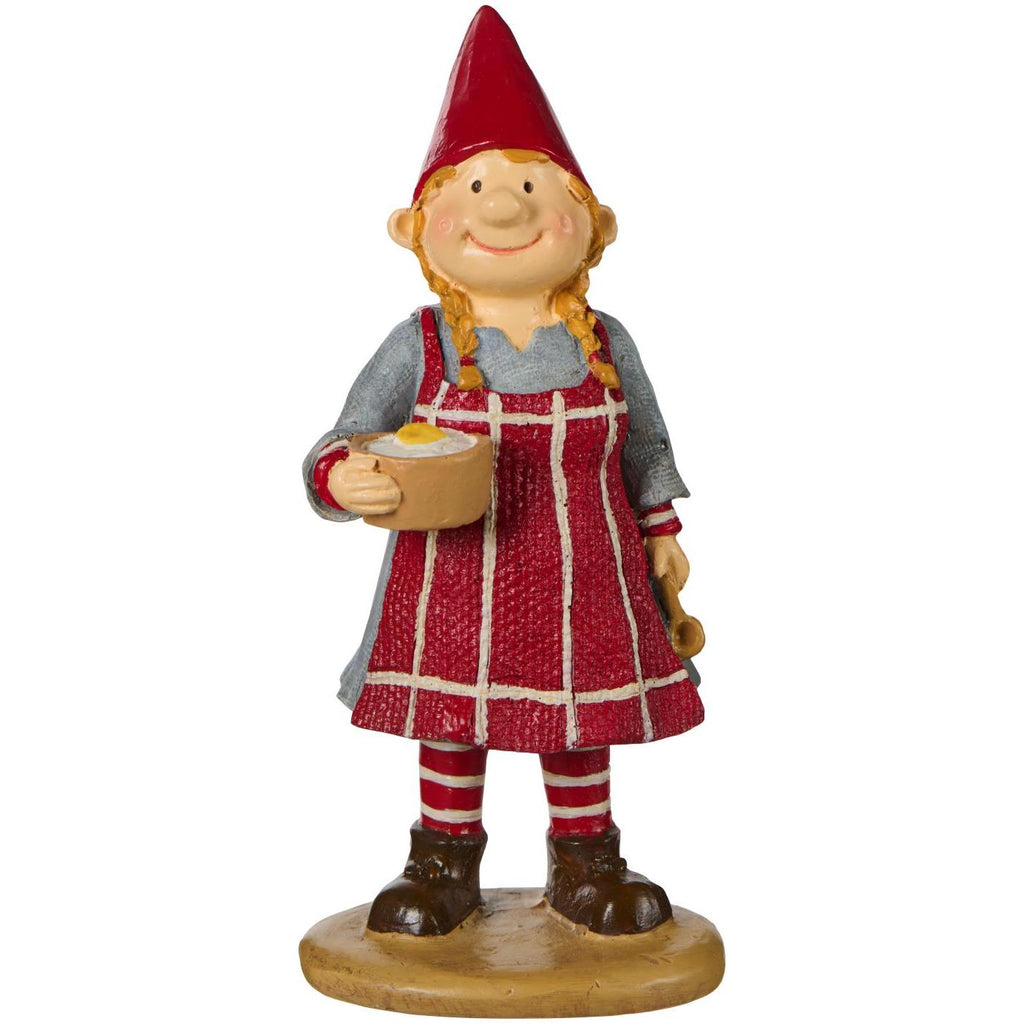 Weihnachtsfigur Agnes von Ib Laursen: Wichtelmädchen in rotem Kleid mit Zipfelmütze und Milchreisschale, 14 cm hoch