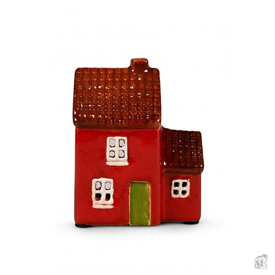 Rotes Keramikhaus für Teelichter mit Seitenanbau und grüner Tür, 10 Zentimeter hoch