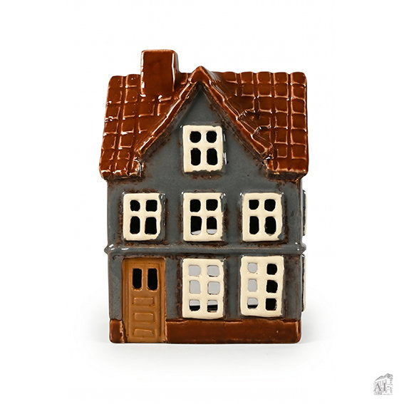 Graublaues Keramikhaus für Teelichter mit cremefarbenen Fensterrahmen, 15 Zentimeter hoch