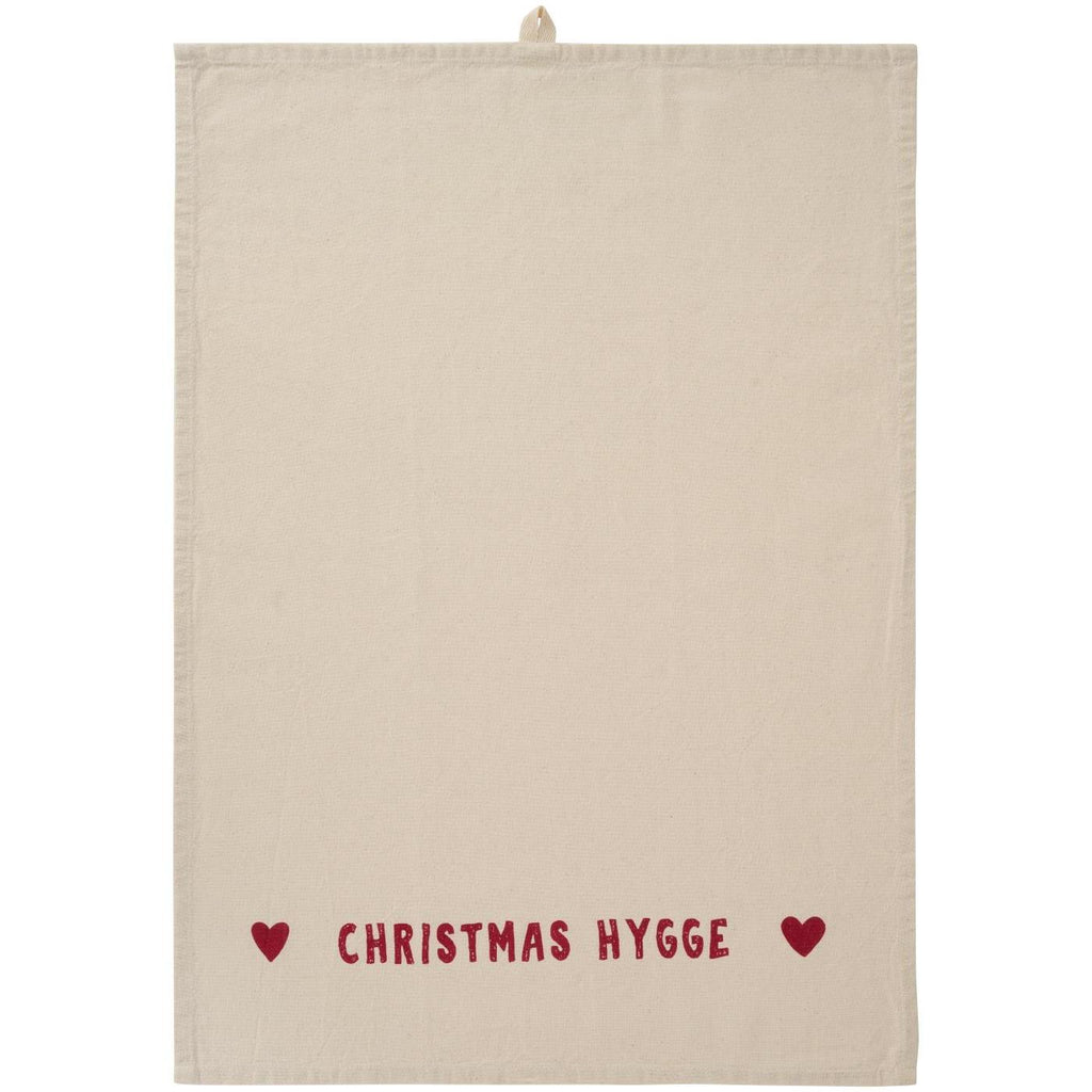 Cremefarbenes Geschirrtuch mit rotem Schriftzug Christmas Hygge und zwei Herzen von Ib Laursen