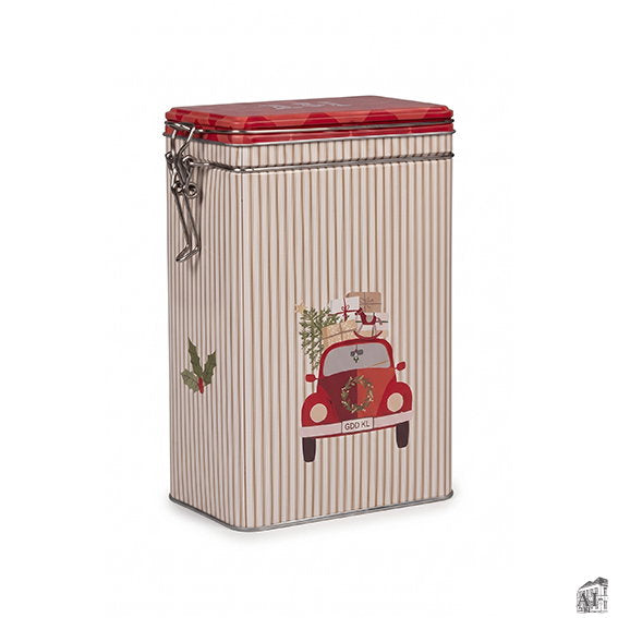 Hohe Keksdose mit Bügelverschluss, rot gestreift, mit rotem Auto, Tannenbaum und Geschenken auf dem Dach