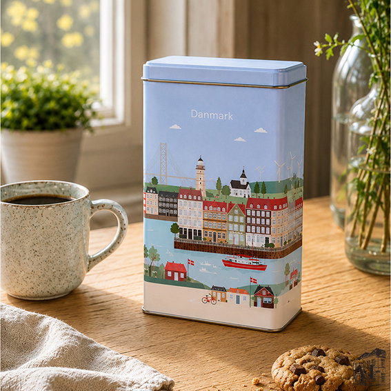 Hellblaue Keksdose Danmark auf einem Holztisch neben einer Kaffeetasse und einem Keks