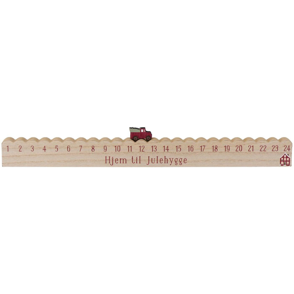 Schmale Leiste mit den Zahlen 1 bis 24 und kleinem rotem Lastwagen als Adventskalender von Ib Laursen