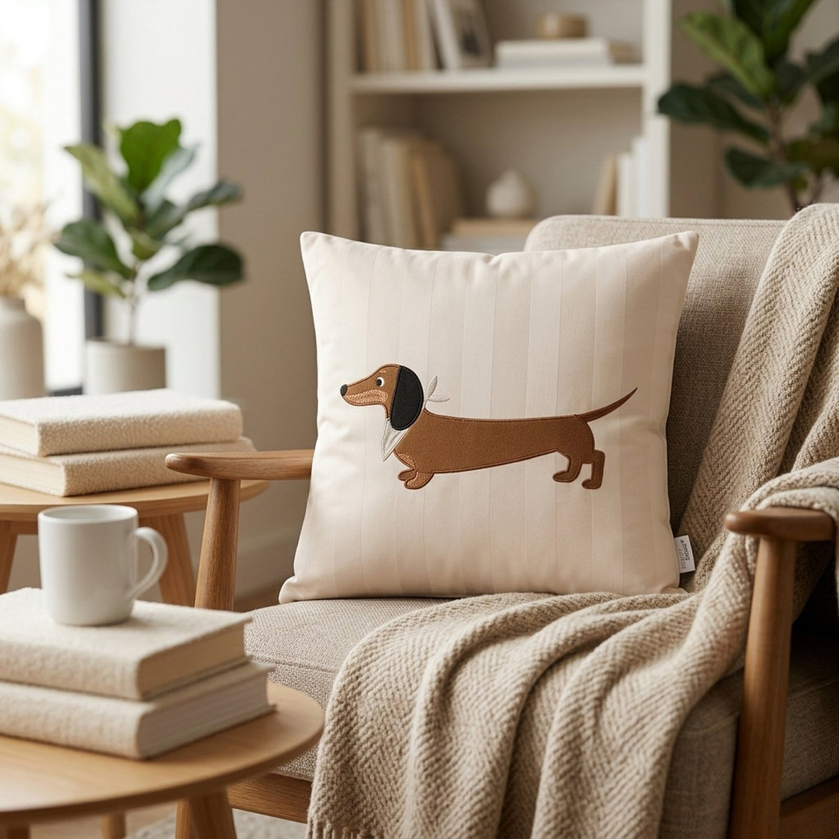 Kissen Ferdi auf einem Sessel mit Decke und Büchern