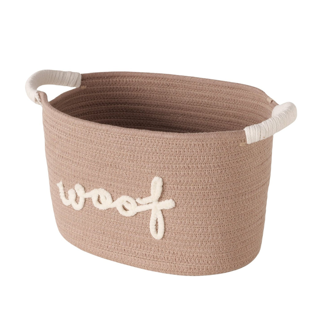 Ovaler Seilkorb aus Baumwolle in Taupe mit weißen Griffen und Schriftzug woof